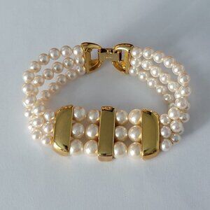 Signed Napier Faux Pearl with Gold-tone Bar Bracelet